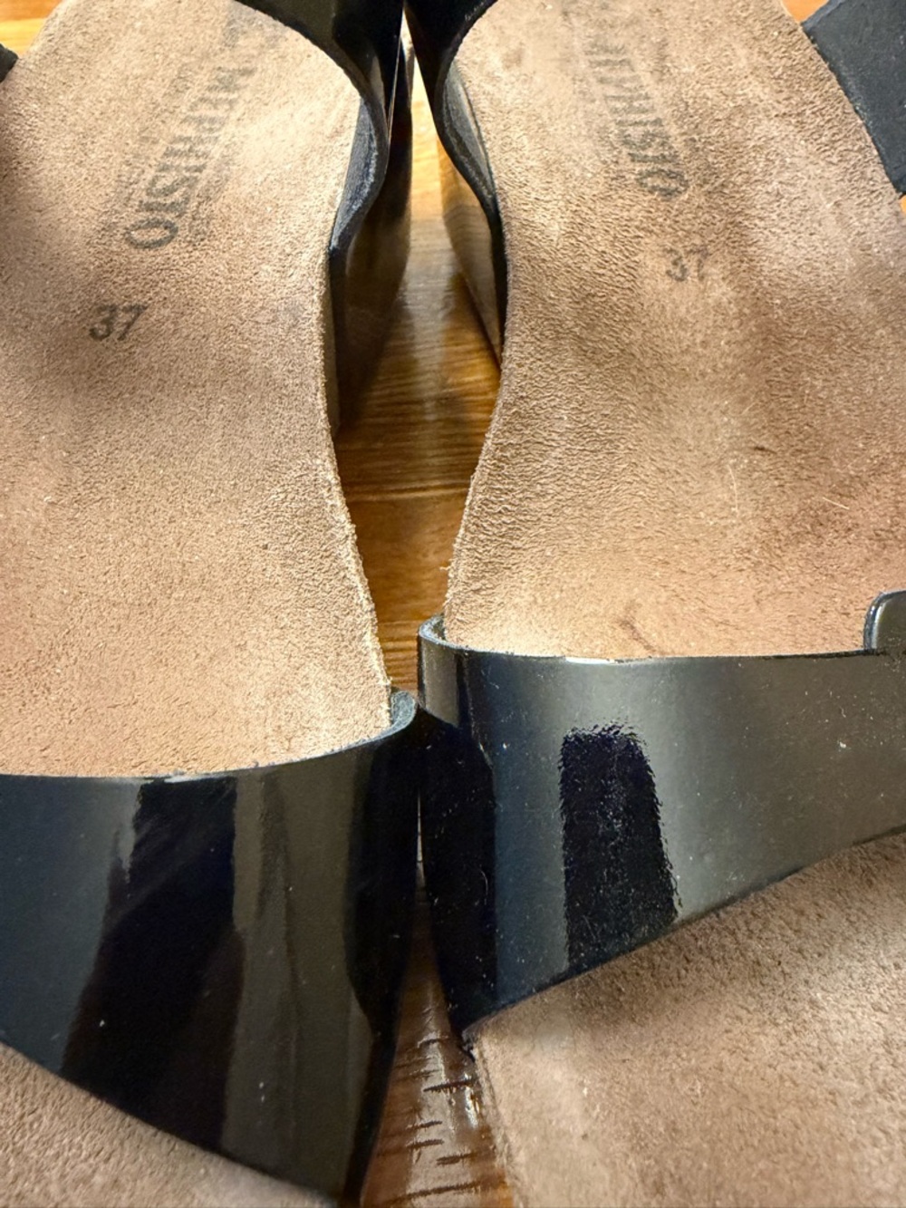 Mephisto 37 (7-7.5) EUC Black Patent Slide Platform Sandals w Rhinestone Buckles - Picture 3 of 12